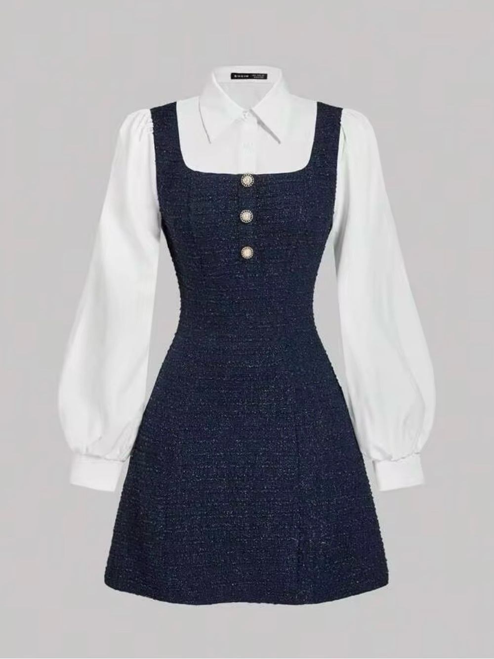 Elegant Mod Collared Long sleeve Navy Tweed Pinafore Dress One piece.